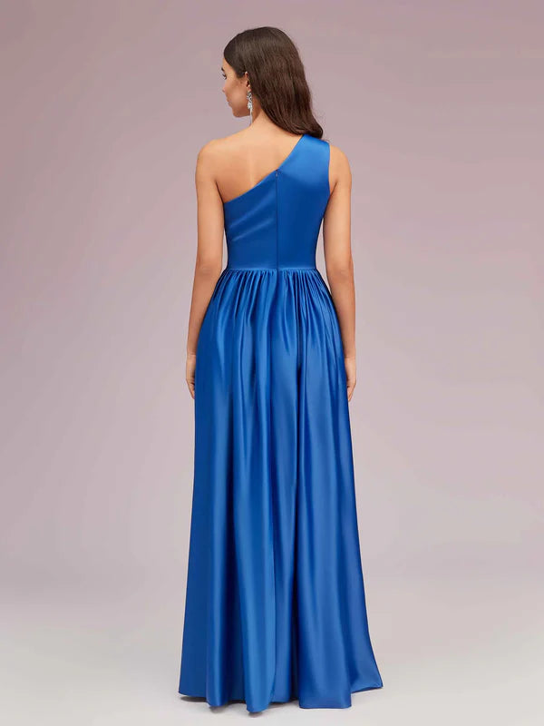 Robe Weitese unique, robe longue asymétrique à une épaule, fente latérale, satin doux, robes de bal plissées pour remise de diplôme